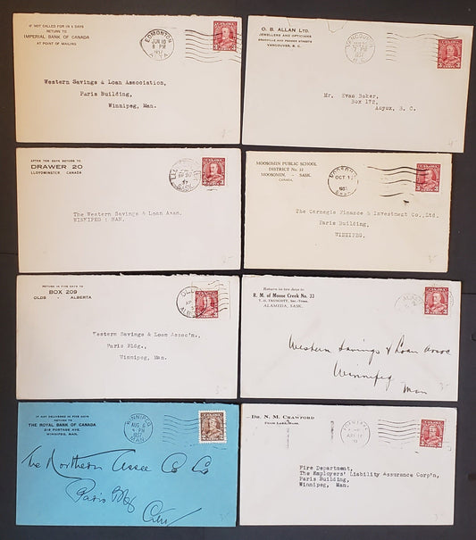 Lot 93 Canada #218-219 2c Brown – 3c carmine King George V, 1935-1937 Dated Die Issue, Single Usage On 7 Covers, All To Winnipeg or Aynox BC, All With Business Corner Cards, VF, Net Est. $7