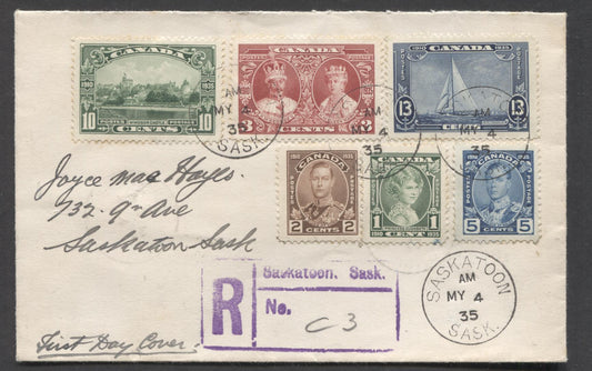 Lot 94 Canada #211-216 1935 Silver Jubilee, Complete Set on Non-Cacheted First Day Cover, Cancelled in Saskatoon, VF, Unitrade Cat. $60 With Cachet, Net. Est. $35