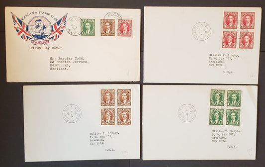 Lot 95 Canada #231-233 1c Green-3c Carmine King George VI, 1937-1942 Mufti Issue, First Day Covers With Singles and Blocks of 4, Plain and With Wascana Stamp Club Cachet, VF, Cat. $32.50, Net Est. $19