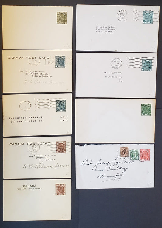 Lot 96 Canada #U49, U50, U51, U60, U53, PB26, UX68c, U68b, U66, U66c,UX75 1938-1943 Mufti Issue Postal Stationery, A Selection of Envelopes, Post Bands and Post Cards, Most Used, Generally F-VF, Cat. $15.25