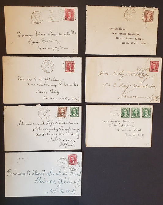 Lot 97 Canada #231, 232, 233- 233as 1c Green – 3c Carmine King George VI 1937-1942 Mufti Issue, Usage On 7 Commercial Covers, Mostly Used From Smaller Towns, Nice Strikes, F-VF, Net Est. $7