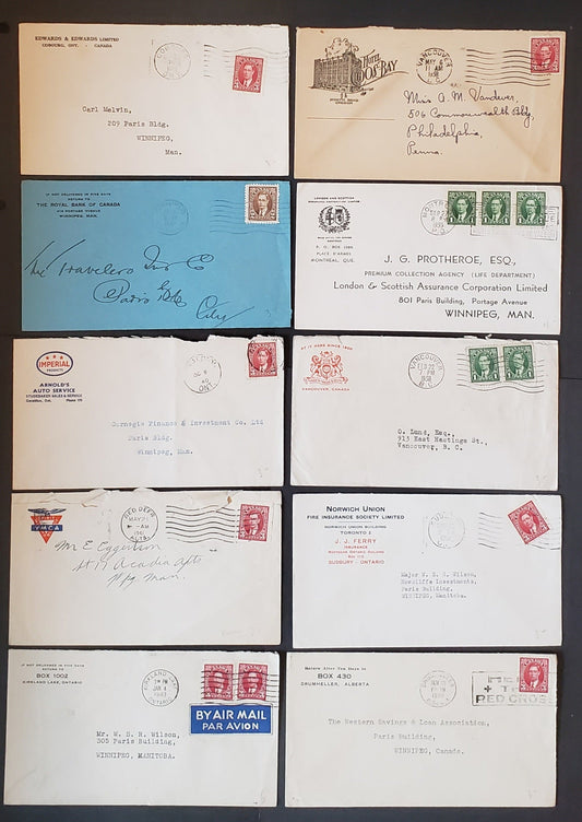 Lot 99 Canada #231-233as 1c green-3c Carmine King George VI, 1937-1942 Mufti Issue, Usage on 15 Commercial Covers, All with Business Corner Cards, F-VF. Net est. $15