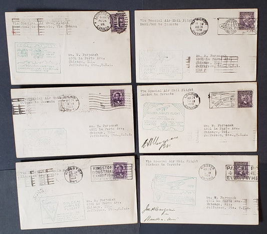 Lot 41 Canada AAMC#2837a-f 1928 Toronto Canadian National Exhibition Jubilee Flights – Nearly Complete Set of 6 Covers Between Main Points, All Franked With #144 or #146 and Forwarded on to Chicago