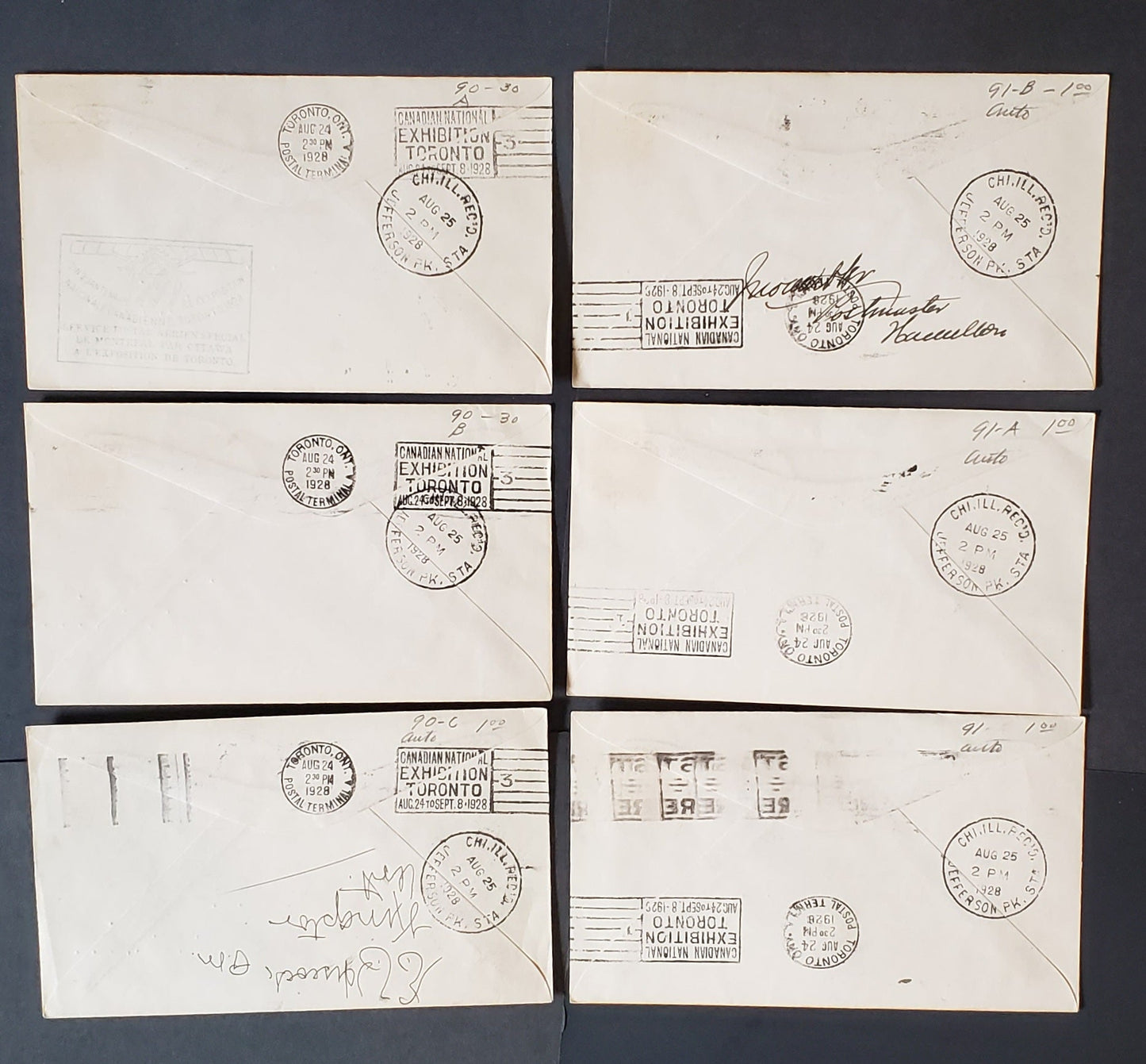 Canada AAMC#2837a-f 1928 Toronto Canadian National Exhibition Jubilee Flights – Nearly Complete Set of 6 Covers Between Main Points, All Franked With #144 or #146 and Forwarded on to Chicago