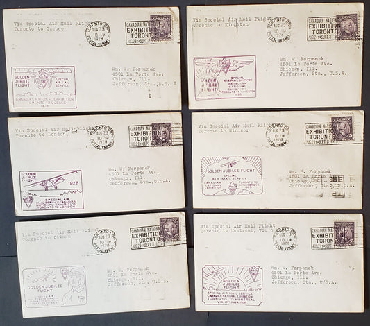 Lot 41 Canada AAMC#2839a-f 1928 Toronto Canadian National Exhibition Jubilee Flights – Complete Set of 7 Covers Between All Main Points, All Franked With #144 and All But One Forwarded on to Chicago