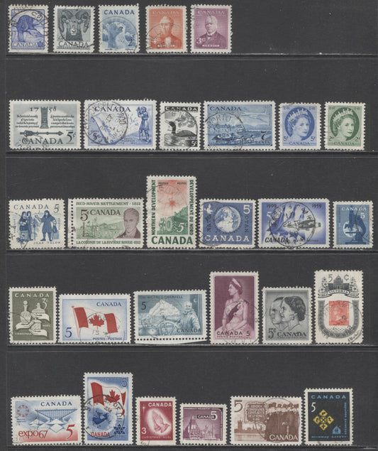 Canada #318/469 2c/7c Rose Lilac/Blue & Red Sir John Abbot/Katimavik, 1952-1967 Commemoratives & Definitives, 29 Very Fine Used Singles With Nice CDS Cancels, Includes Some Paper Varieties