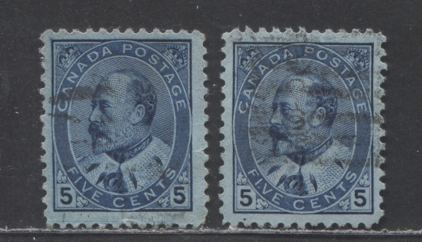 Lot 37 Canada #91 5c Blue King Edward VII, 1903-1908 King Edward VII, 2 Fine/Very Fine Used Singles With Dot Under 5, Horizontal Guideline In Bottom Margin