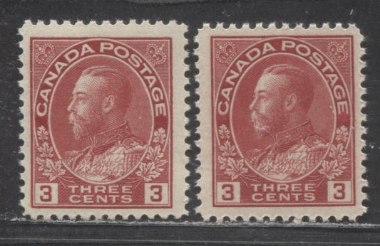 Canada #109 3c Carmine King George V, 1911-1925 Admiral Issue, 2 FNH Singles Both Die 1, Dry Printings