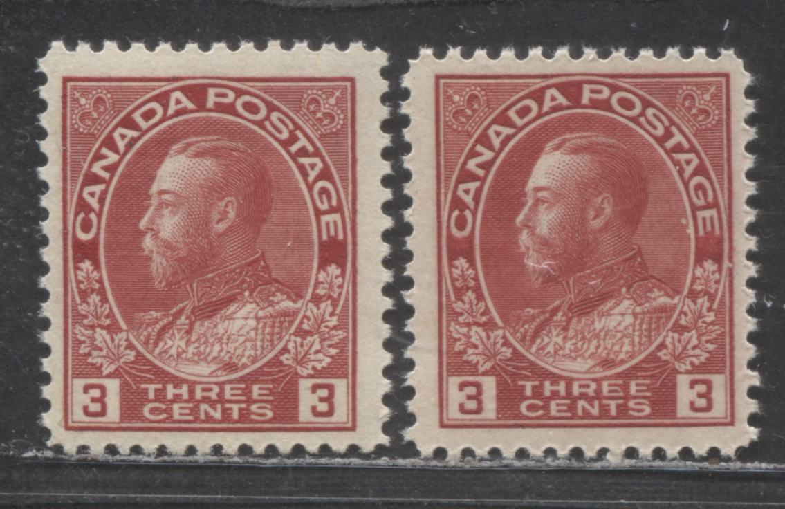 Lot 50 Canada #109 3c Carmine King George V, 1911-1925 Admiral Issue, 2 FNH Singles Both Die 1, Dry Printings