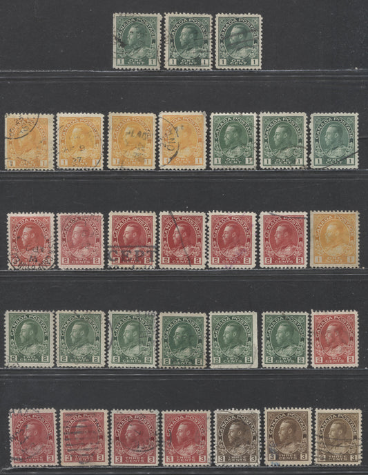 Lot 66 Canada #104-109as 1c-3c Green-Carmine King George V, 1911-1925 Admiral Issue, 31 Very Fine Used Singles With Different Shades, Dies 1 & 2, Wet & Dry Printings