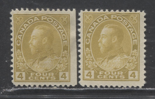 Lot 68 Canada #110d 4c Yellow Ochre King George V, 1911-1925 Admiral Issue, 2 FOG Singles With Retouched Framelines, Dry Printing, Two Shades