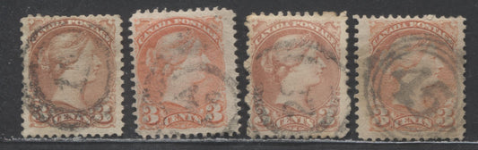 Lot 8B Canada #37e,b,41 3c Indian Red, Vermillion Queen Victoria, 1870-1893 Small Queen Issue, 4 Very Good/Fine Used Singles With Different Printings, Papers & Shades