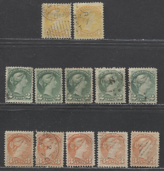 Lot 9 Canada #35,36,I,37,iii 1c, 2c & 3c Yellow, Green & Orange Red Queen Victoria, 1870-1893 Small Queen Issue, 12 Very Fine Used Singles With Montreal & 2nd Ottawa Printings