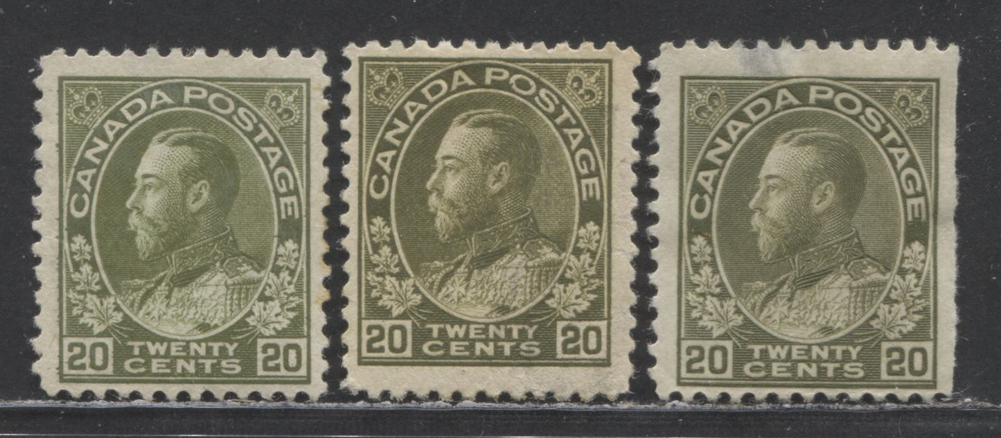 Lot 94 Canada #119b,c,iv 20c Olive Green King George V, 1911-1925 Admiral Issue, 3 G/VGOG Singles All Faulty, But Presentable, Different Printings