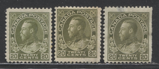 Lot 94 Canada #119b,c,iv 20c Olive Green King George V, 1911-1925 Admiral Issue, 3 G/VGOG Singles All Faulty, But Presentable, Different Printings
