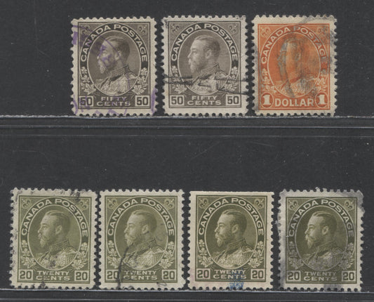 Lot 97 Canada #119,c,iv, 120, 122b 20c, 50c & $1 Olive Green, Black Brown & Orange King George V, 1911-1925 Admiral Issue, 7 Very Fine Used Singles With Different Shades & Printings