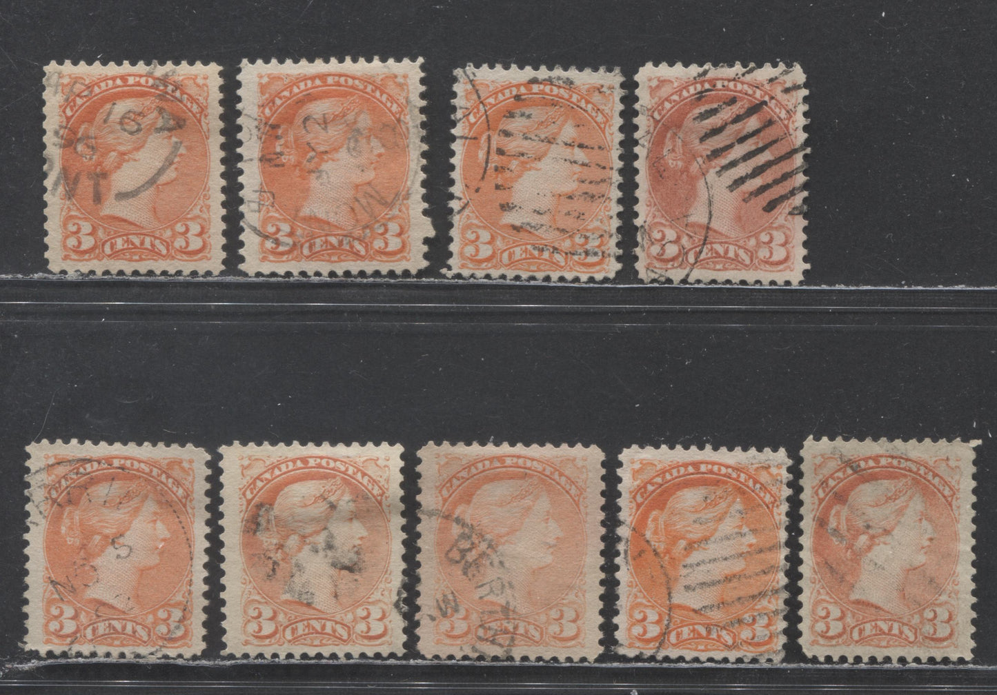 Lot 9A Canada #41,a 3c Vermillion, Orange Vermillion & Rose Carmine Queen Victoria, 1870-1893 Small Queen Issue, 9 Very Fine Used Singles With 2nd Ottawa & Montreal Gazette Printings