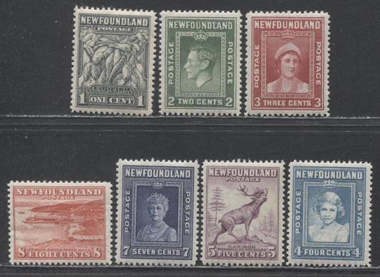 Newfoundland #253 - 260 3c-10c Rose Carmine - Brownish Black Codfish - Salmon Leaping Falls, 1941 - 1944 Definitive Re-Issues - Waterlow Printings, 7 VFOG Singles