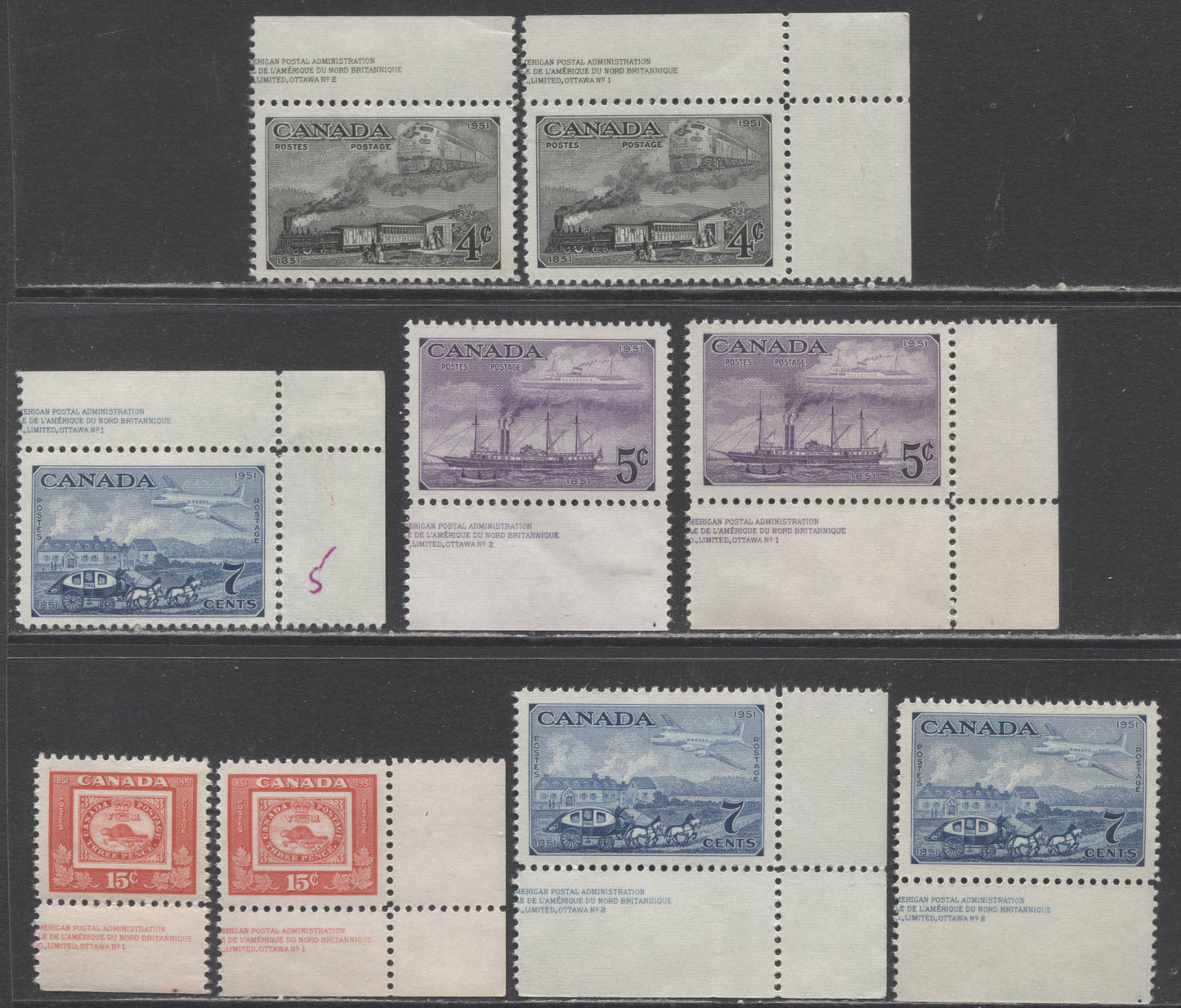 Lot 183 Canada #311-314 4c-15c Dark Grey - Bright Red Trains Of 1851 & 1951 - Three Penny Beaver, 1951 Stamp Centenary Issue, 9 VFNH Singles Plate Number Singles With Additional Shades Of 7c & 15c