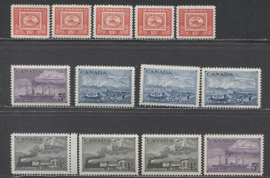 Lot 27 Canada #311-314 4c-15c Dark Grey - Bright Red Trains Of 1851 & 1951 - Three Penny Beaver, 1951 Stamp Centenary Issue, 13 VFNH Singles Additional Papers & Shades