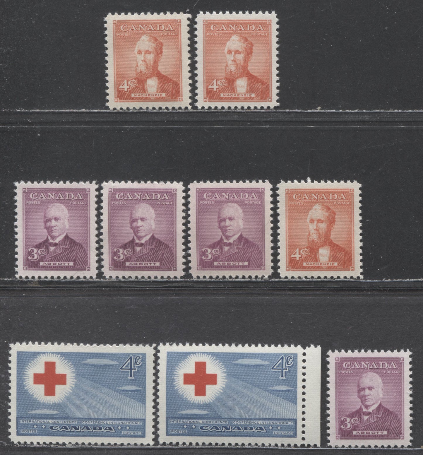 Canada #317 - 319 4c,3c,4c Blue & Red, Rose Lilac, Orange Vermilion Red Cross Symbol, Sir John Abbot, Alexander Mackenzie, 1952 Red Cross Conference, Prime Ministers Issues, 9 VFNH Singles Different Shades