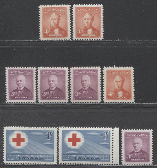 Canada #317 - 319 4c,3c,4c Blue & Red, Rose Lilac, Orange Vermilion Red Cross Symbol, Sir John Abbot, Alexander Mackenzie, 1952 Red Cross Conference, Prime Ministers Issues, 9 VFNH Singles Different Shades