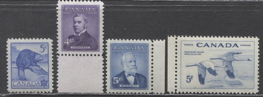 Lot 50 Canada #336, 349-350, 353 5c, 4c, 5c, 5c Ultramarine, Violet, Bright Blue, Blue , 1954-1955 Wildlife, Prime Ministers, Wildlife Issues, 4 GEM NH Singles, Perfection!