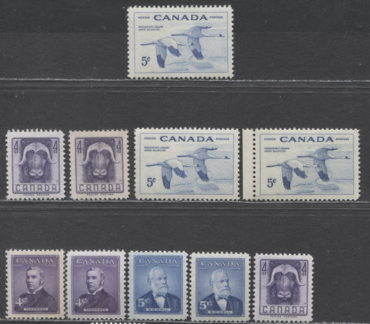 Canada #349-350, 352-353 4c-5c, 4c-5c Violet-Bright Blue, Purple-Blue , 1954-1955 Prime Ministers, Wildlife Issues, 10 VFNH Singles