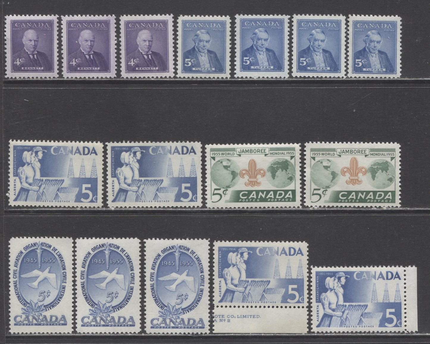 Canada #354-358 4c & 5c Light Blue/Ultramarine Dove/Sir Charles Tupper, 1955 Commemoratives, 16 VFNH Singles With Different Shades On Horizontal Ribbed, Vertical Ribbed & Smooth Papers