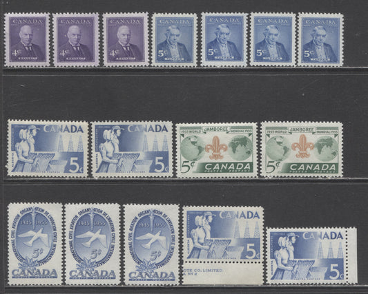 Canada #354-358 4c & 5c Light Blue/Ultramarine Dove/Sir Charles Tupper, 1955 Commemoratives, 16 VFNH Singles With Different Shades On Horizontal Ribbed, Vertical Ribbed & Smooth Papers