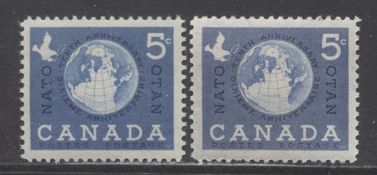 Lot 28 Canada #384 5c Violet Blue Globe, 1959 NATO Issue, 2 VFNH Singles Showing Aniline Ink With Normal For Comparison, Vertical Mesh Horizontal Wove Paper