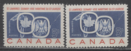 Canada #387var 5c Red & Blue Seaway & National Emblems, 1959 St. Lawrence Seaway, 2 VFNH Singles With Significant Downward Vignette Shift With Normal