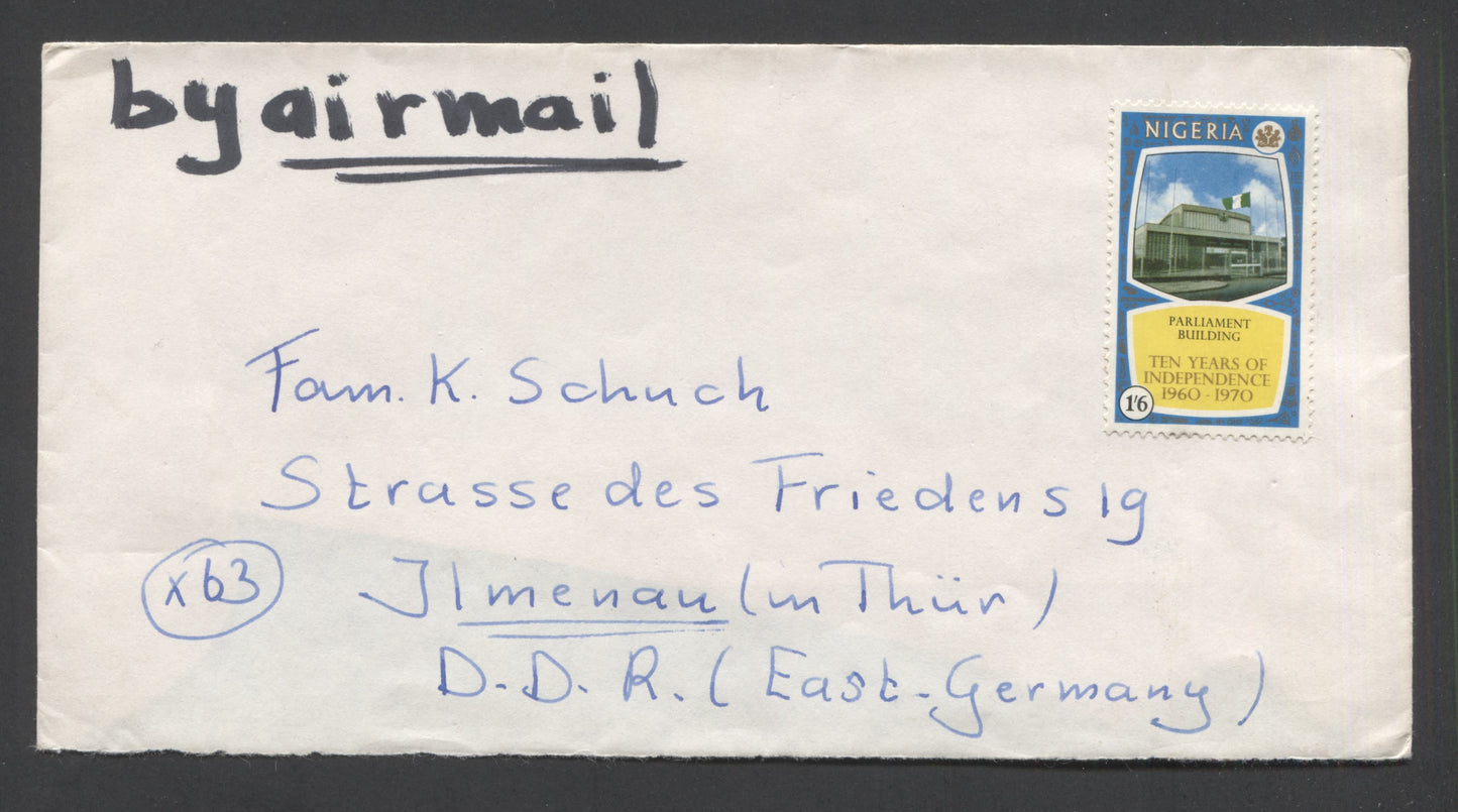 Nigeria #248 1/6d 1970 10th Anniversary of Independence, Single Use on Airmail Cover to DDR, No Cancels, Net. Est. $5