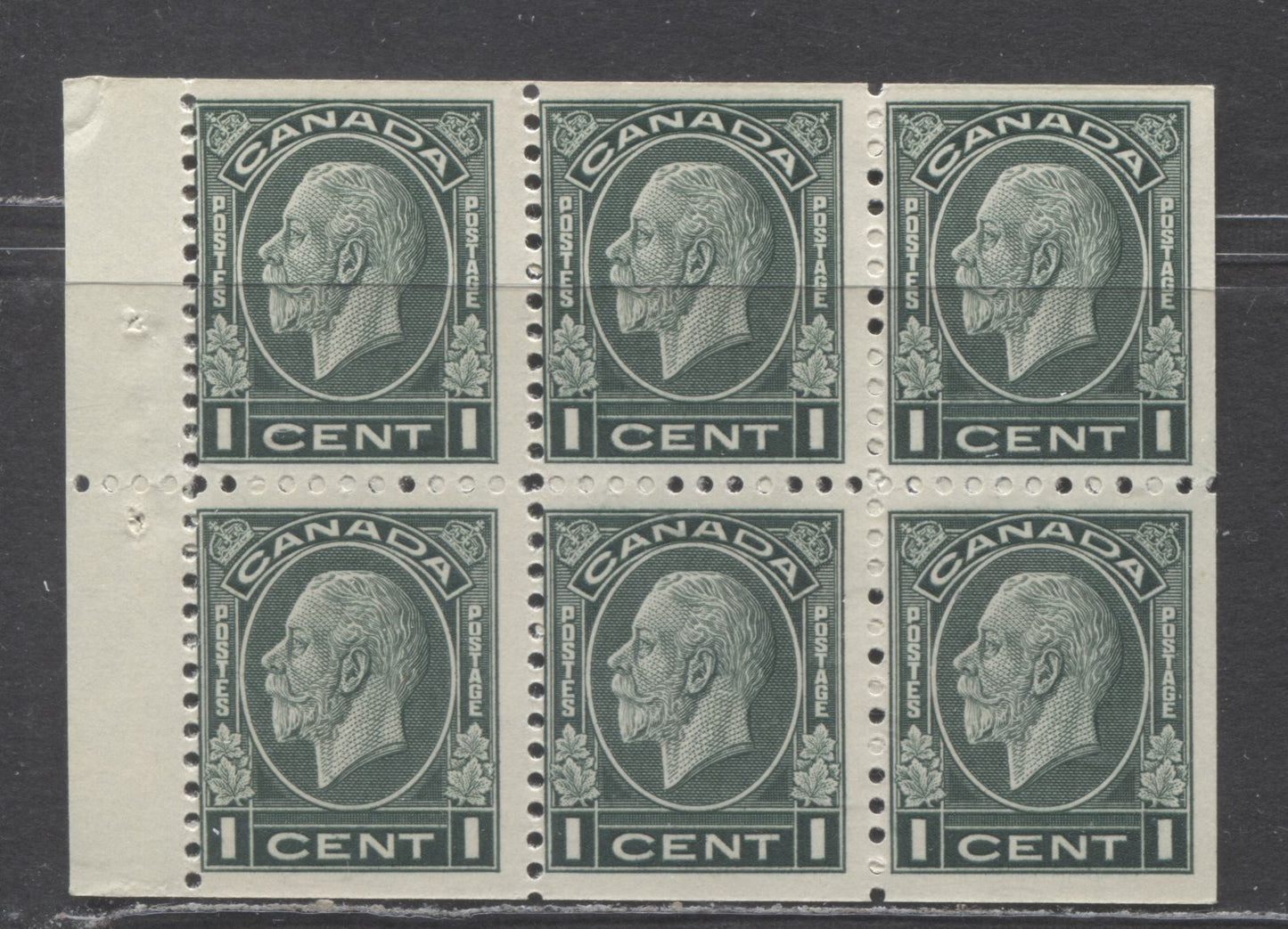 Canada #195b 1c Dark Green King George V, 1932 Medallion Issue, A FNH Booklet Pane Of 6 With Cream Gum, Later Printing