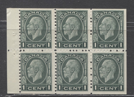 Canada #195b 1c Dark Green King George V, 1932 Medallion Issue, A FNH Booklet Pane Of 6 With Cream Gum, Later Printing
