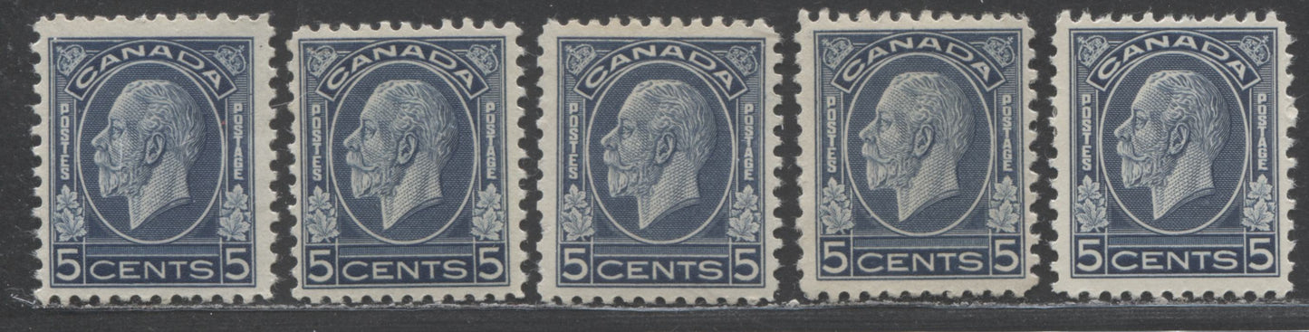 Canada #199 5c Dark Blue King George V, 1932 Medallion Issue, 5 FOG Singles  With Different Shades & Gum Types