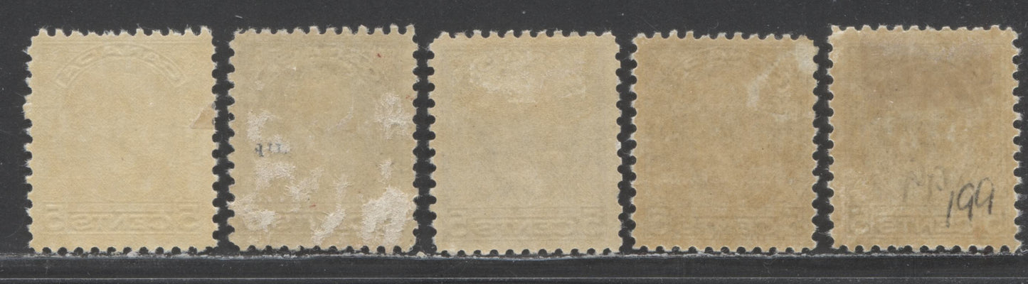 Canada #199 5c Dark Blue King George V, 1932 Medallion Issue, 5 FOG Singles  With Different Shades & Gum Types