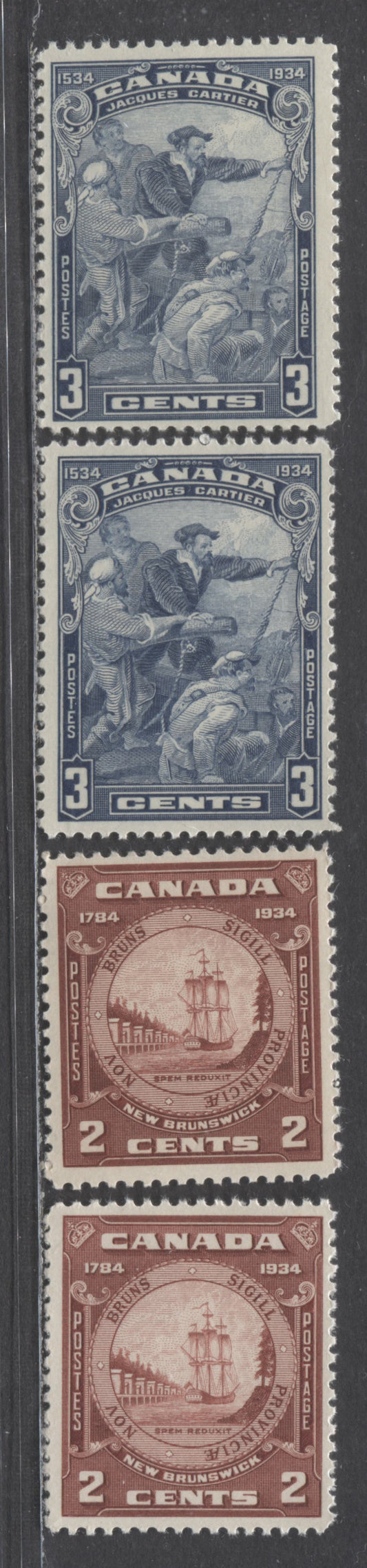 Canada #208, 210 3c & 2c Blue & Red Brown Jacques Cartier & New Brunswick Seal, 1934 Commemoratives, 4 FNH Singles With Shade Varieties