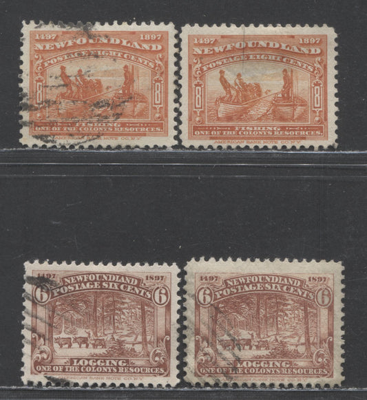 Lot 68 Newfoundland #66-67 6c-8c Red Brown-Red Orange Logging-Fishing, 1897 Cabot Issue, 4 Very Fine Used Singles With Two Shades