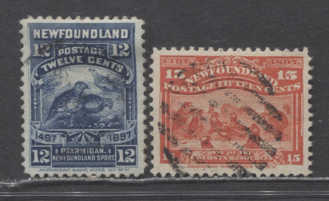 Lot 73 Newfoundland #69,70 12c-13c Dark Blue-Scarlet Willow Ptarmigan-Seals, 1897 Cabot Issue, 2 Very Fine Used Singles