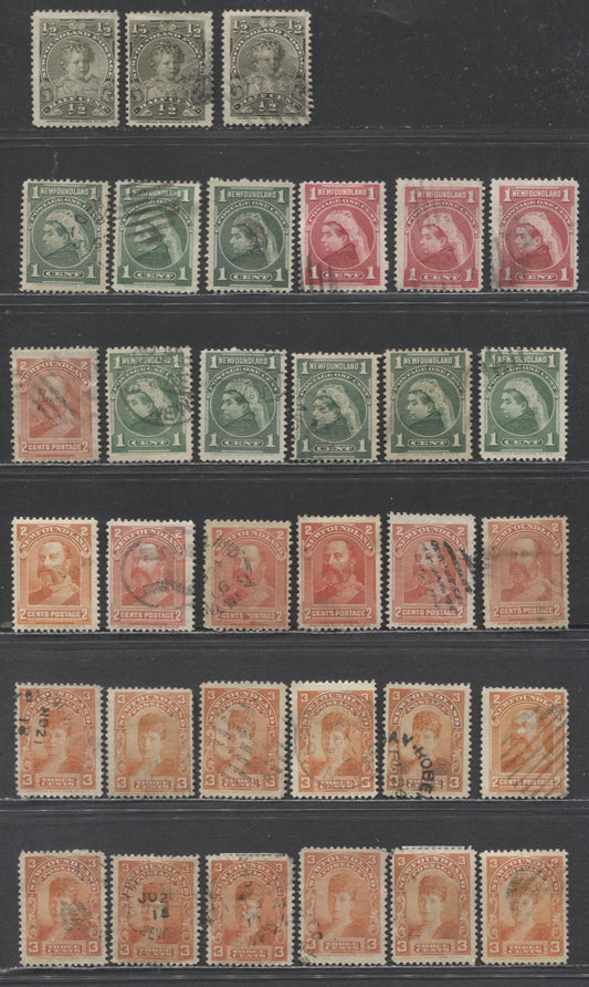 Lot 85 Newfoundland #78-80a, 81-83a 1/2c - 1c, 2c-3c Olive Green/Red Orange King Edward VIII as Child - Queen Alexandra, 1897-1901 Royal Family Issue, 33 Fine Used Singles With Different Papers On Horizontal & Vertical Wove Papers