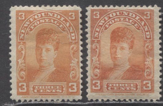 Lot 86 Newfoundland #83-c 3c Yellow Orange & Red Orange , 1897-1901 Royal Family Issue, 2 FOG Singles On Vertical & Horizontal Wove Papers, Heavy Hinge Remnants