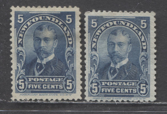 Lot 89 Newfoundland #85 5c Blue Duke Of York, 1897-1901 Royal Family Issue, 2 Fine Unused Singles On Translucent Vertical Wove & Thin Rough Grayish Wove Papers