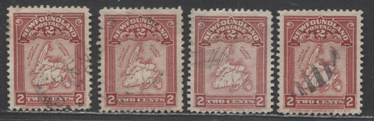 Lot 91 Newfoundland #86 2c Rose Carmine Map Of Newfoundland, 1908 Map Of Newfoundland, 4 Very Fine Used Singles With Four Different Shades On Horizontal Wove Papers