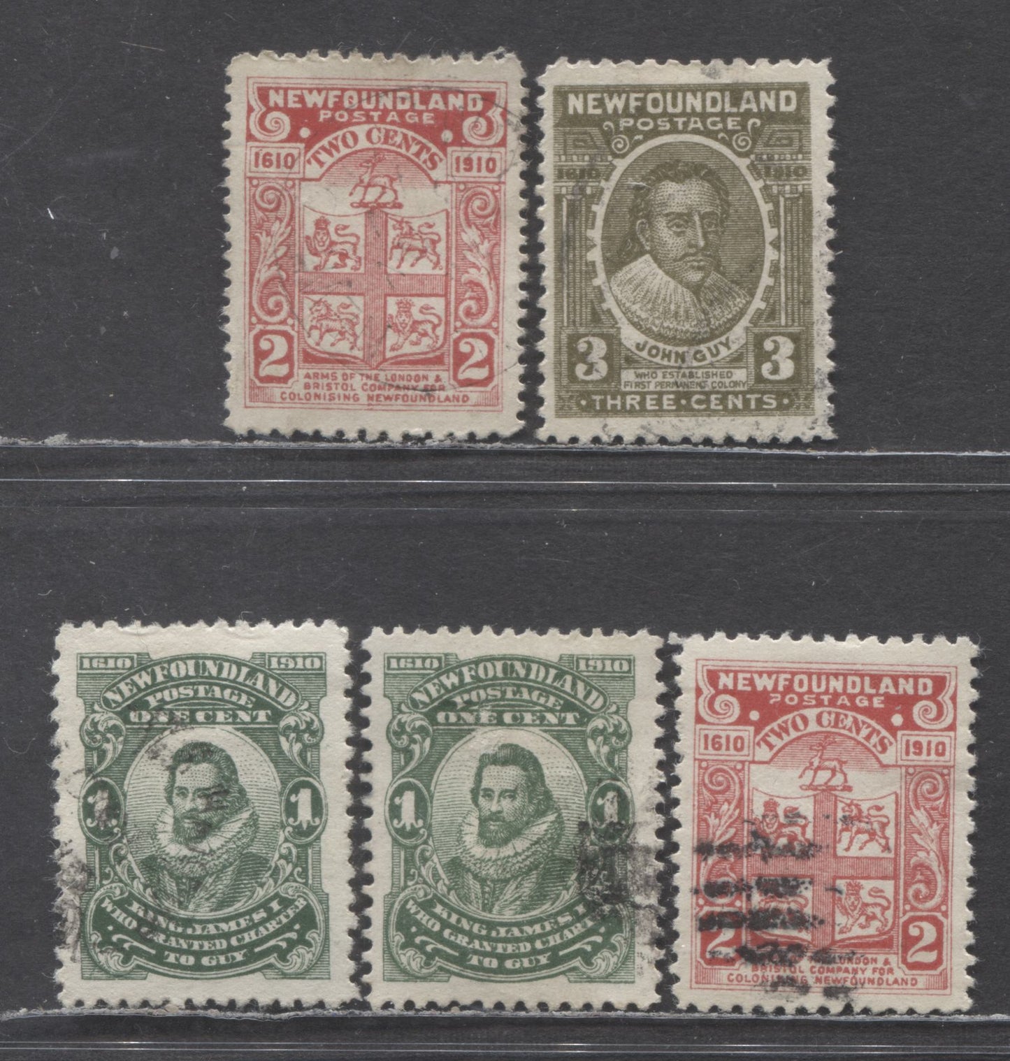 Lot 93 Newfoundland #87-89 1c-3c Deep Green-Brown Olive King James I- John Guy, 1910 John Guy Issue, 5 Very Fine Used Singles