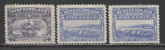 Lot 94 Newfoundland #90-91a 4c-5c Dull Violet-Ultramarine Guy's Ship & View Of Cupids, 1910 John Guy Issue, 3 Very Fine Unused Singles With Both Perfs Of The 5c, 14 x 12 & 12