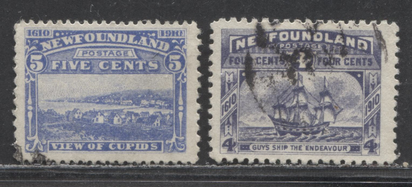 Lot 95 Newfoundland #90-91 4c-5c Dull Violet-Ultramarine Guy's Ship & View Of Cupids, 1910 John Guy Issue, 2 Very Fine Used Singles