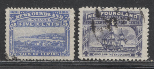 Lot 95 Newfoundland #90-91 4c-5c Dull Violet-Ultramarine Guy's Ship & View Of Cupids, 1910 John Guy Issue, 2 Very Fine Used Singles