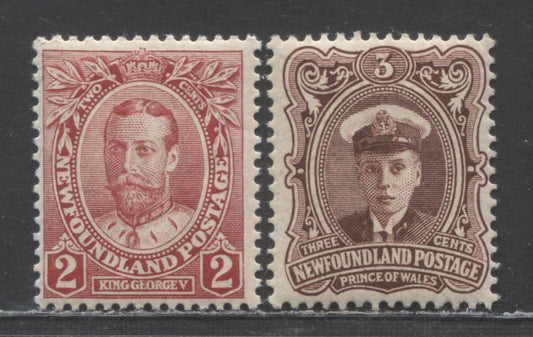 Lot 97 Newfoundland #105, 106 2c & 3c Carmine - Red Brown King George V & Prince Of Wales, 1911 Royal Family Issue, 2 FOG Singles With Comb Perf 13.5 x 14
