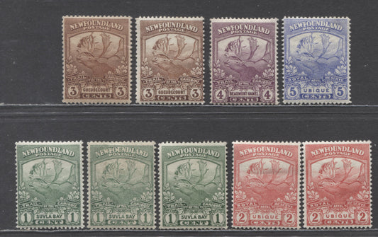Lot 99 Newfoundland #115-119 1c-5c Green-Ultramarine Suvla Bay - Ubique, 1919 Trail Of The Caribou, 9 FOG Singles With Different Shades & Not Checked For Perforations